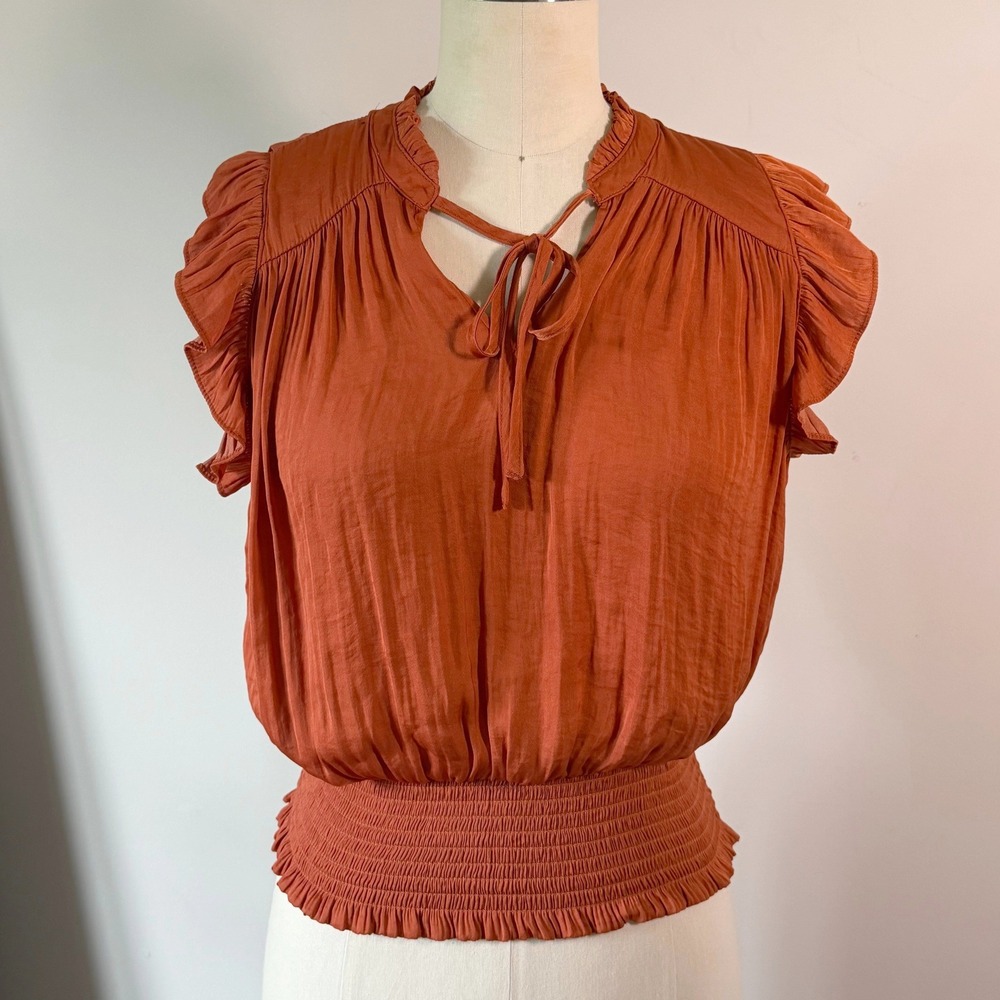 Maison d'Amelie Paris Rust Orange Smocked Blouse Ruffle Sleeve Tie Neck M